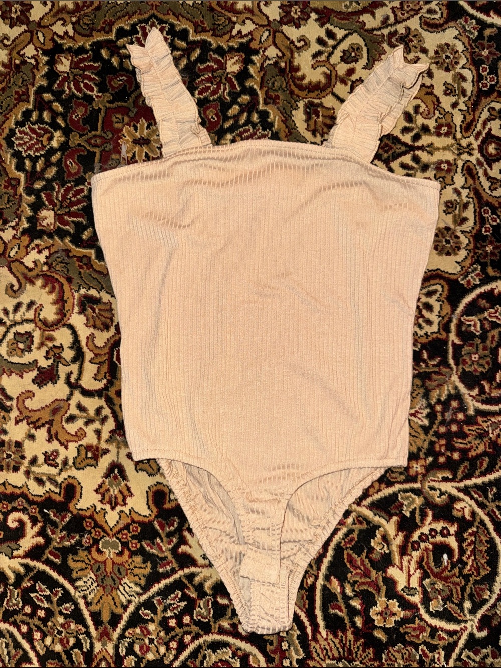 Listicle Tan, Ribbed, Ruffle sleeve tank top bodysuit Size L